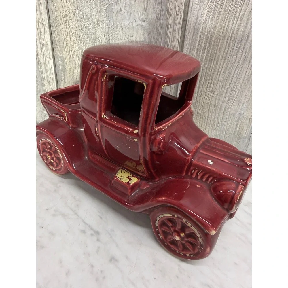 Vintage Ceramic Antique Car Planter Burgundy Red Model T Novelty Pottery Vases